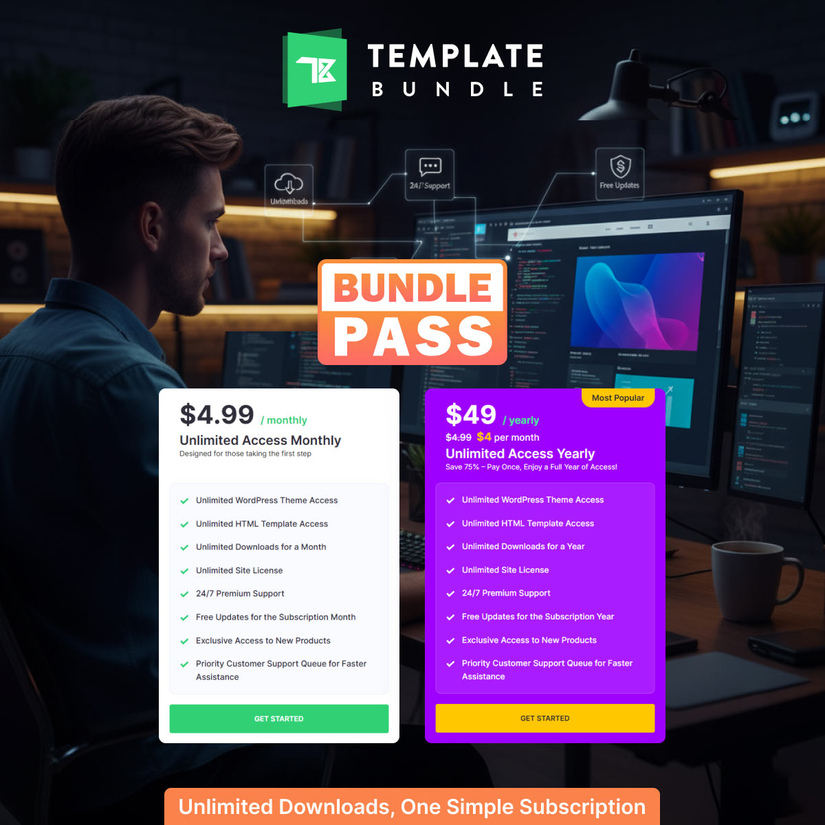 BUNDLE PASS: Unlimited downloads, 24/7 support, free updates, and commercial license for just $4.99/month. Designed for freelancers, agencies, startups, and small businesses.