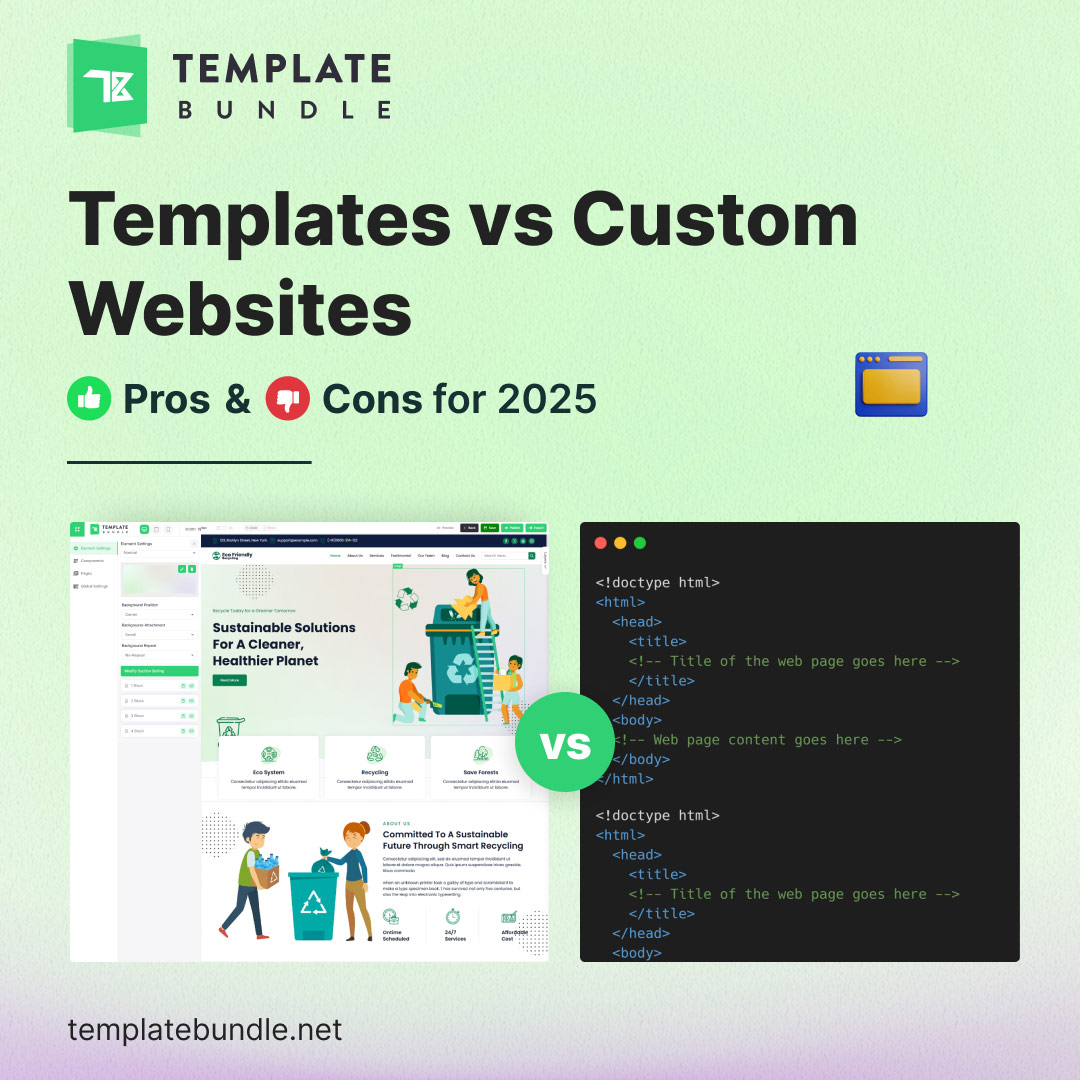 Comparison of website templates and custom websites in 2025 with design and coding examples