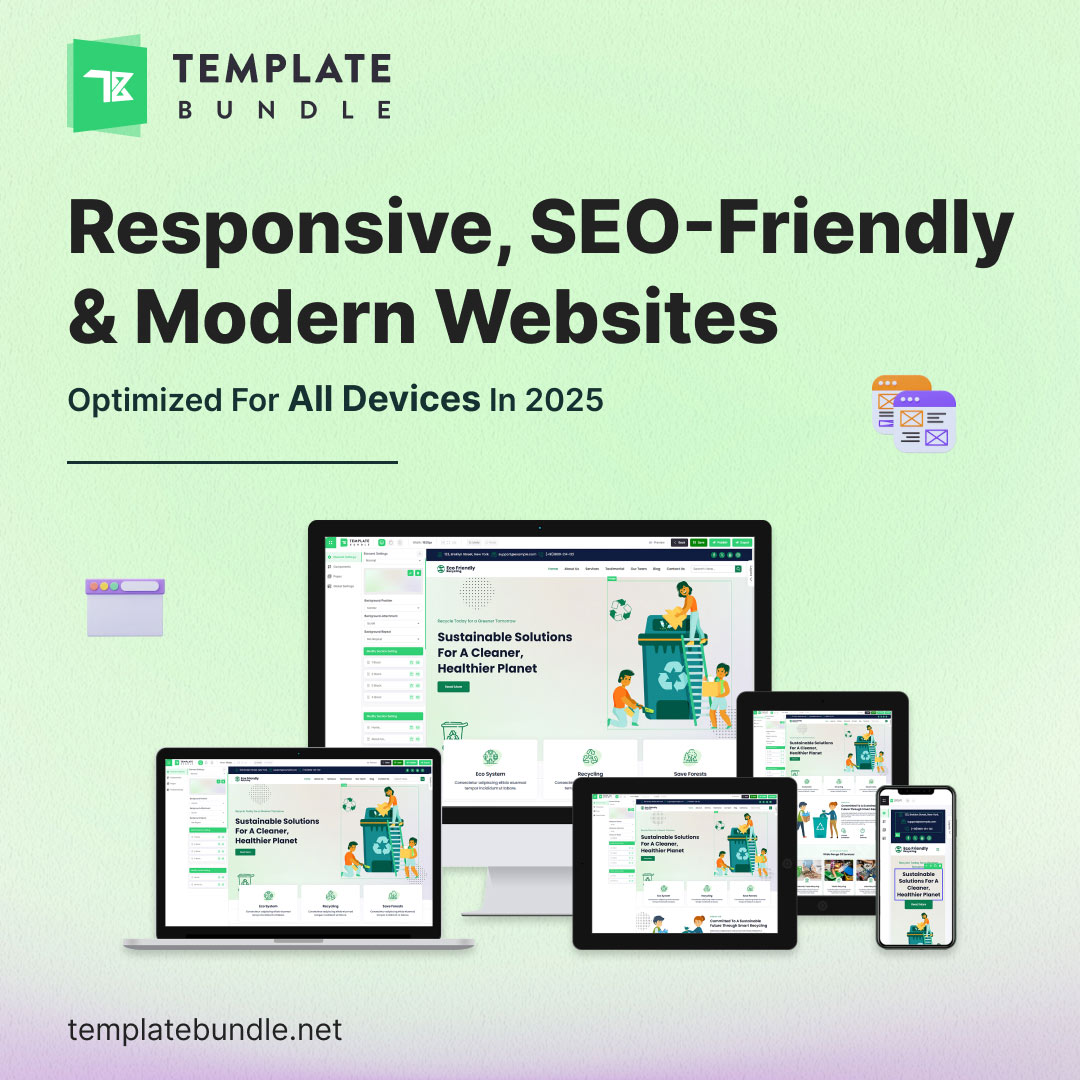 Responsive website template displayed on desktop, tablet, and mobile devices