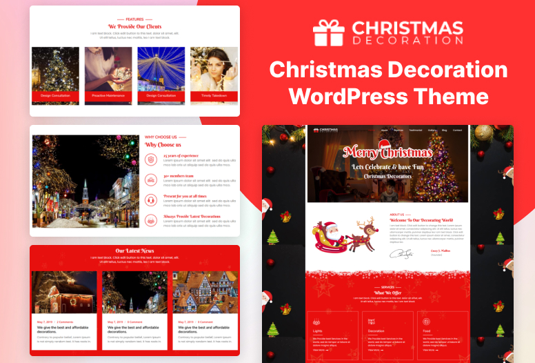 A collage of screenshots for the Christmas Decoration WordPress Theme, showing a festive red and white homepage, services, and blog layout.