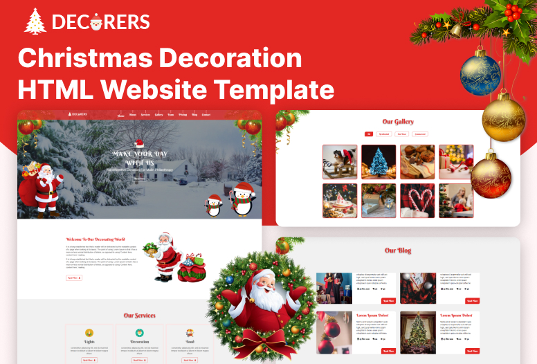 A collage of the Decorers Christmas Decoration HTML Template, featuring a clean white layout with a snowy hero image, gallery, and service sections.