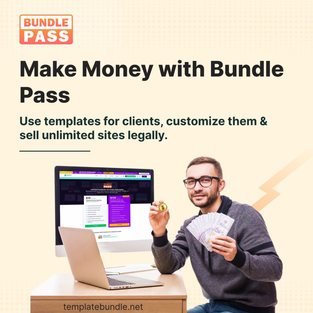 Designer holding money while using Bundle Pass subscription on a computer, highlighting earning opportunities with templates.