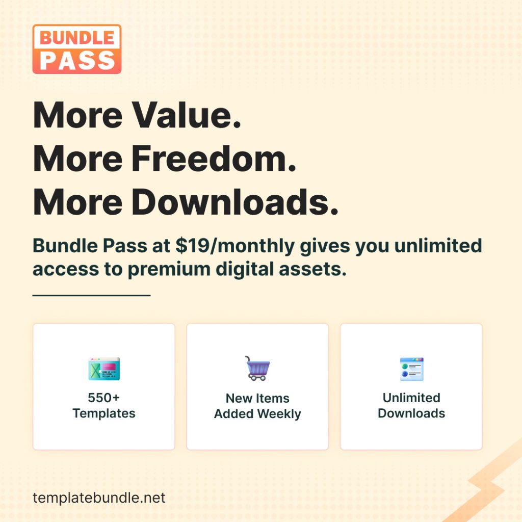 Bundle Pass subscription benefits graphic showcasing 550+ templates, new weekly items, and unlimited downloads for $19/month.