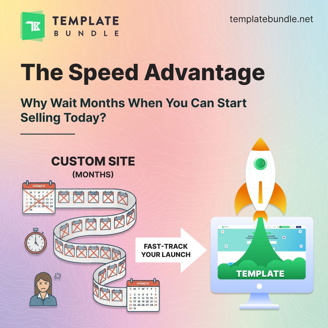 Illustration comparing slow custom website development with fast website launch using templates, highlighting the speed advantage.