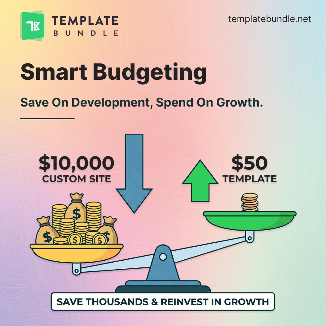 Cost comparison graphic showing expensive custom website versus affordable website template, emphasizing smart budgeting and savings.