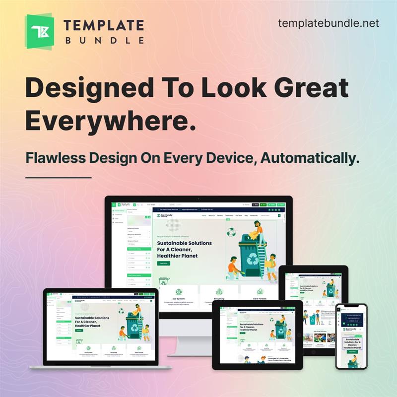 Responsive website design displayed across desktop, laptop, tablet, and mobile devices, showing templates that look great on every screen.
